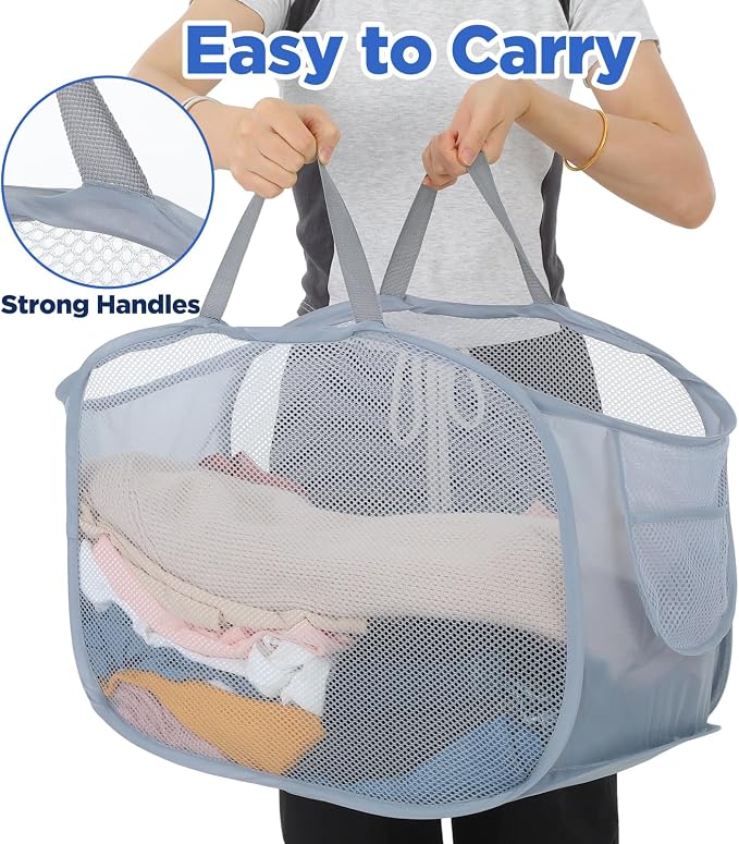 Foldable Laundry Basket Set of 4, Durable Mesh Material, Easy Carry Handles, Perfect for Home, Dorm, Travel - Beige, Navy, Black, Grey