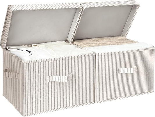StorageWorks Fabric Storage Bins with Lid, Decorative Storage Boxes for Shelves, Stackable Closet Organizer Basket with Handles, Large, Khaki and Beige Stripes, 2-Pack