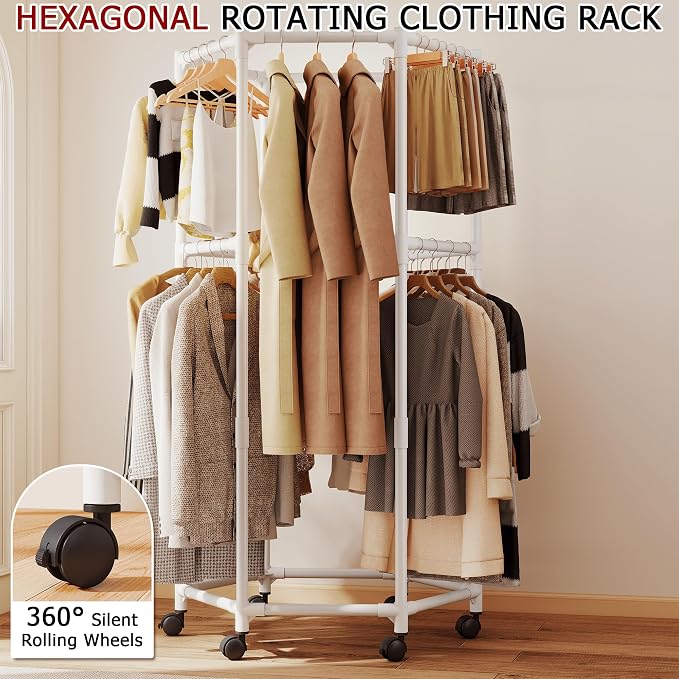 360° Rotating Hexagonal Clothes Hanger With Wheels, Space-Saving Freestanding Floor With Double Layer Hanging Bars, Multi-Compartment Floor-Standing Clothes Rack (Upgrade-White)