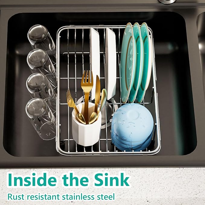 AIDERLY Dish Drying Rack in Sink Expandable Stainless Steel, Silver | In Sink, 4 Cup Holders, Kitchen Dish Drainer