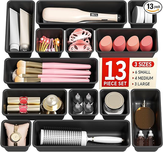 Canfanni 13 Pack Plastic Drawer Organizers Set, 3 Sizes Desk Drawer Organizer Trays for Vanity and Makeup Organizer, Organization and Storage for Makeup, Kitchen Utensils, Bathroom and Office(Black)