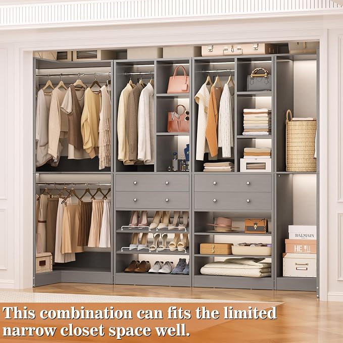 Besiost Closet System with 2 Drawers, 3 Hanging Rods, 59.5" * 31.5" Closet Organizer System with Corner Tower, Reversible L Shaped Walk-in Closet System, Corner Closet System Set of 2, Morandi Grey