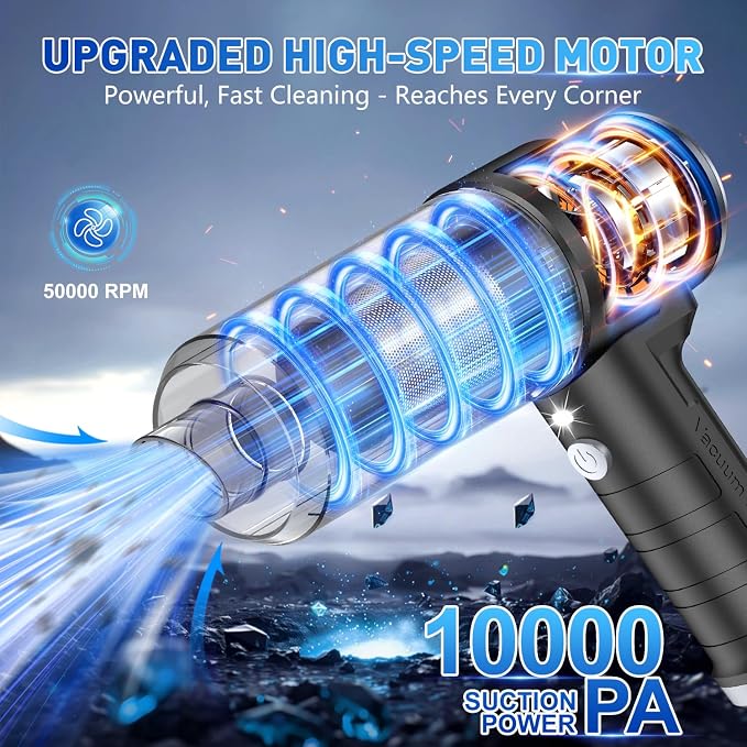 KMM Handheld Car Vacuum Cleaner, 10000PA Hand Held Vacuum & Air Duster | Strong Suction, Cordless, 120W High Power, Portable, Multi-Nozzles & LED Light, for Home, Car, Office