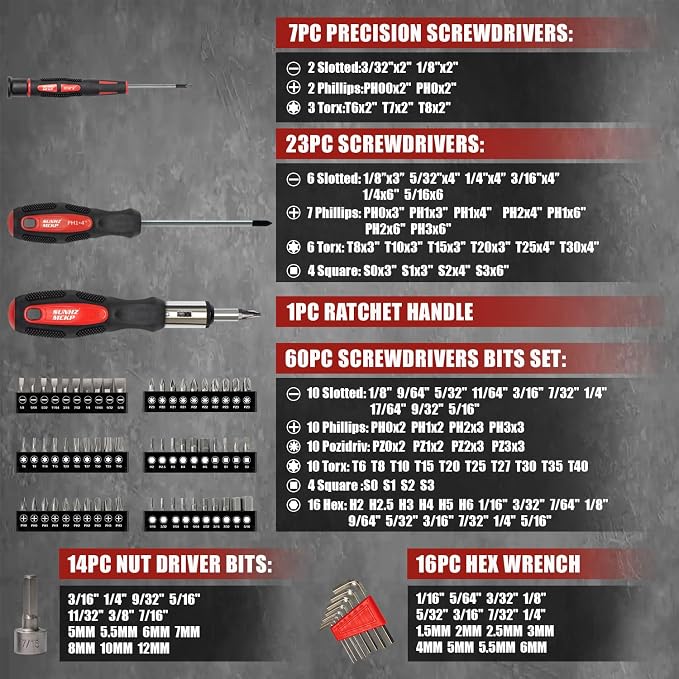 SUNHZMCKP 124-Piece Magnetic Screwdriver set, Includes Slotted, Phillips, Pozidriv, Hex, Torx and Precision Screwdriver, ratcheting screwdriver and nut drivers With Storage rack