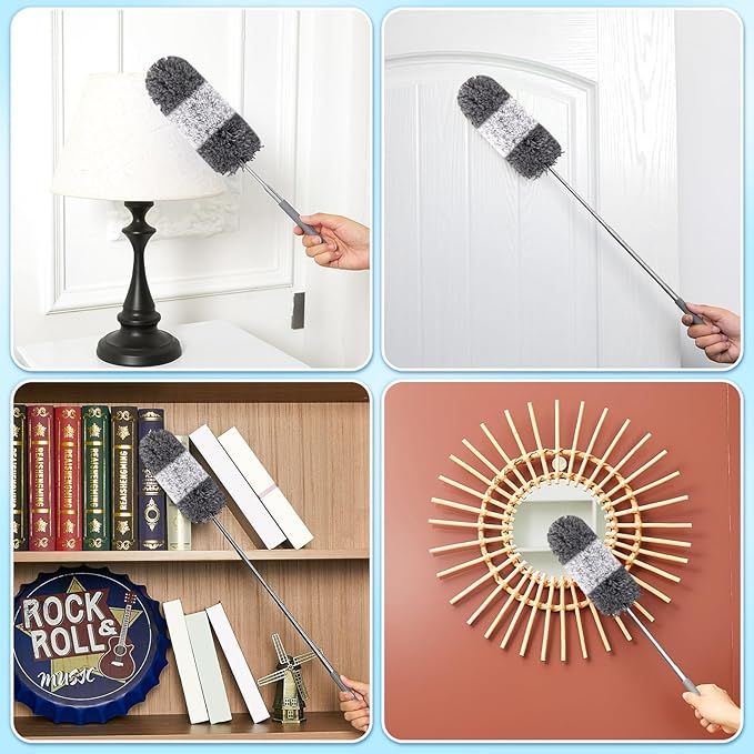 Tanlade 12 Pcs Microfiber Feather Duster for Cleaning, Extendable 13-31 Inch Ceiling Fan Duster with Bendable Head, Washable Tools for Ceiling Fans, Furniture, Car, Cobwebs (Gray White)