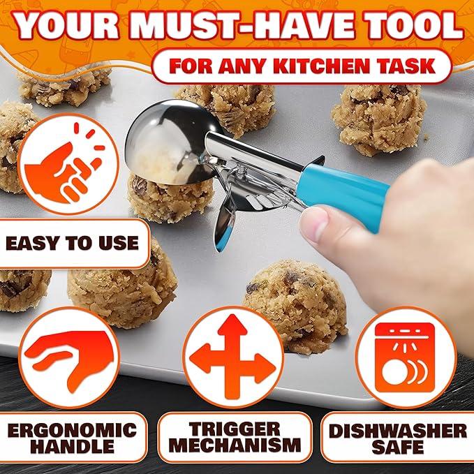 Cookie Scoop Set - Ice Cream Scoop with Trigger - Cookie Scoops for Baking Set of 3#16 (2.7 oz), #20 (2 oz), #30 (1.25 oz), Stainless Steel Versatile Tool, Portion Control for Cookies and Treats Prep