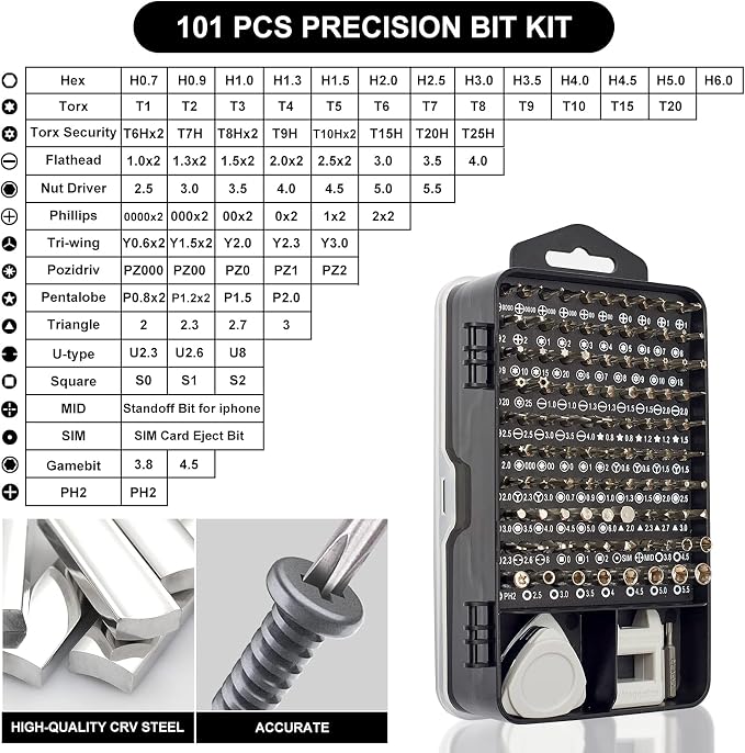 STREBITO Precision Screwdriver Set 124-Piece Electronics Tool Kit | 101 Precision Bits, Magnetic Screwdriver Set for Computer, Laptop, Cell Phone, PC, MacBook, Switch, PS4, PS5, Xbox Repair