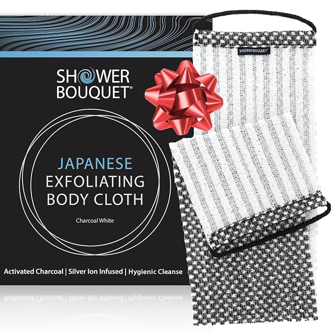 Japanese Exfoliating Washcloth for Back & Body - Charcoal & Silver Ion Exfoliating Towel with Handles - Two-Sided Gentle Exfoliation & Deep Cleansing Soft Body Wash Cloths for Shower - White