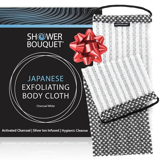 Japanese Exfoliating Washcloth for Back & Body - Charcoal & Silver Ion Exfoliating Towel with Handles - Two-Sided Gentle Exfoliation & Deep Cleansing Soft Body Wash Cloths for Shower - White