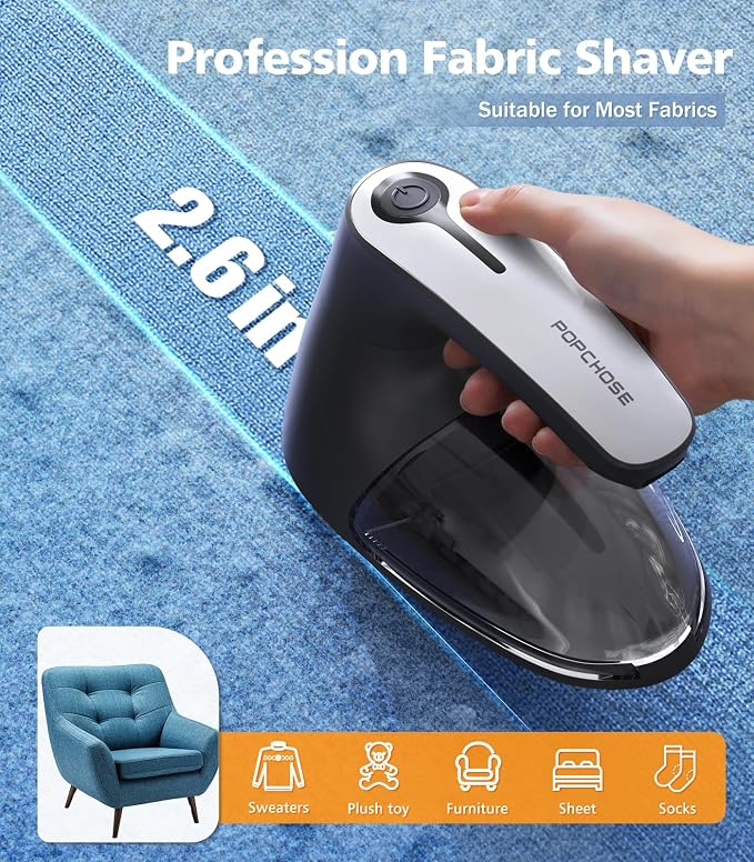 POPCHOSE Fabric Shaver, 6-Leaf Blades & Electrostatic Brush, Rechargeable | Lint Remover for Clothes, Sweater Shavers to Remove Pilling, Electric Lint Remover for Couch, Furniture, Fuzz