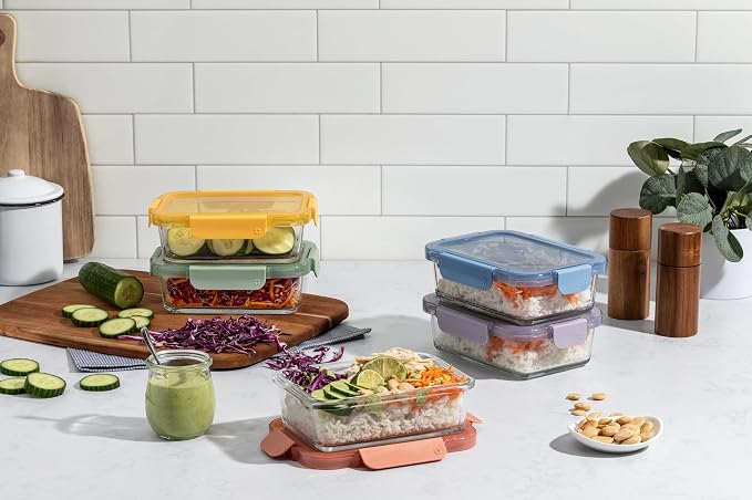 Ello Color Lock Glass Meal Prep Sets Leak-Proof Glass Food Storage Containers with Airtight BPA-Free Plastic Lids, Dishwasher, Microwave, and Freezer Safe