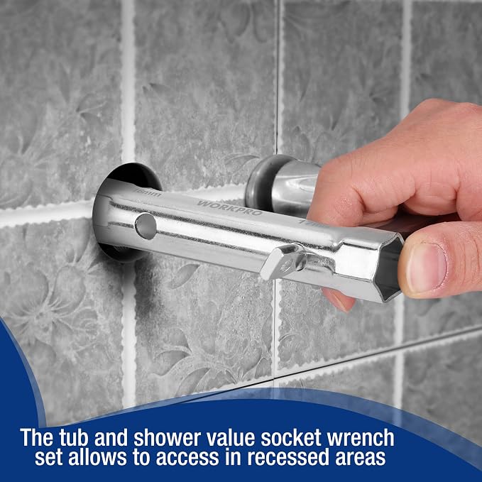 WORKPRO 9-Piece Shower Valve Socket Wrench Set with Bar Handle | Dual-Ended Socket Wrench for Bathroom Removal of Tub and Shower Valves, Home Plumbing Repairs, Double-Ended, Storage Bag