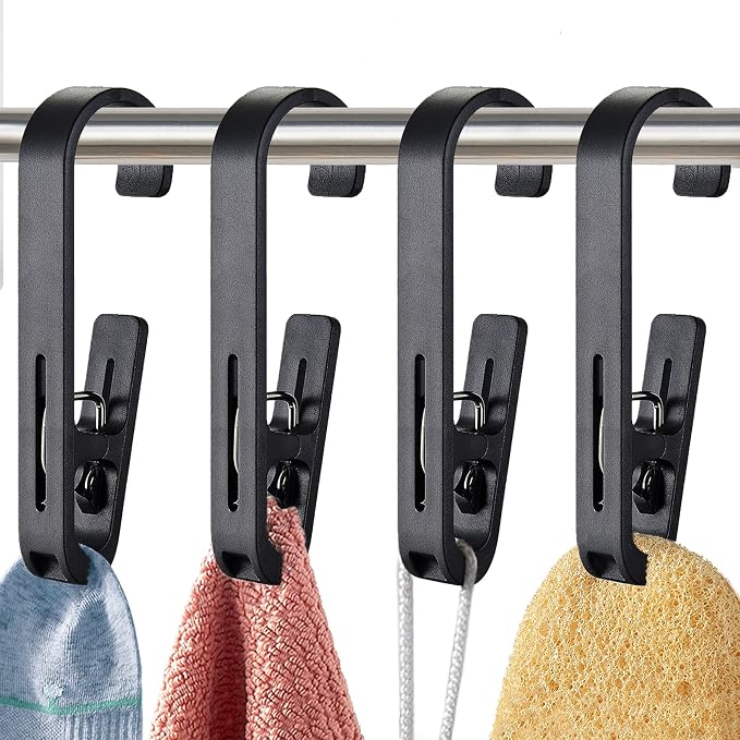 Laundry Hooks with Clips Hanger Closet Organizer Clamps Socks Boot Bras Towels for Bathroom Wardrobe Kitchen Office 4Pcs (Black)