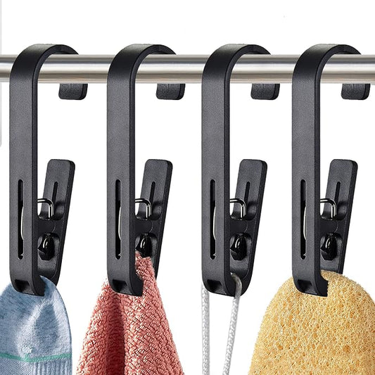 Laundry Hooks with Clips Hanger Closet Organizer Clamps Socks Boot Bras Towels for Bathroom Wardrobe Kitchen Office 4Pcs (Black)