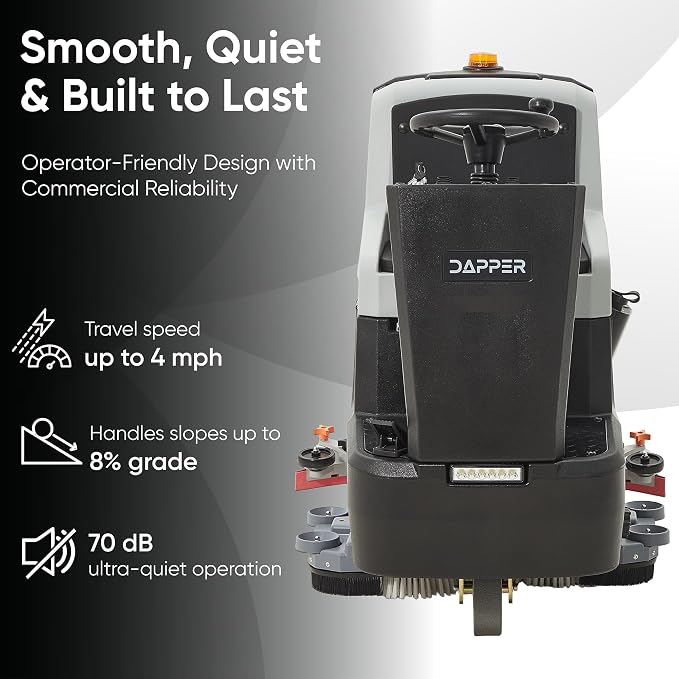 Battery Powered Ride-On Commercial Floor Scrubber Machine, 30" Brush, 39" Squeegee Width, 24 gal Solution Tank, 25 gal Recovery Tank, 5 hr Use 8 hr Charge, 180 RPM, 52,000 Sqft/H, Batteries Included