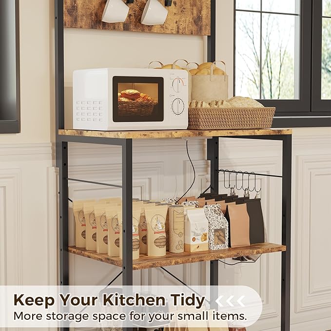 Baker's Rack for Kitchen with Outlet, Microwave Stand with Adjustable Shelves and 10 s Hooks, 6-Tier Coffee Bar Station with Storage, Kitchen Shelves for Spices, Pots