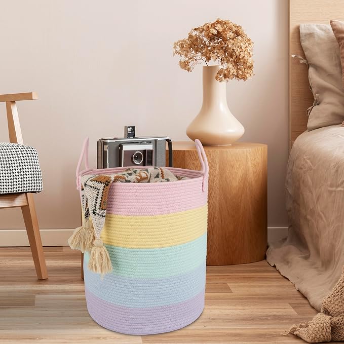 XUANGUO Rope Laundry Basket Hamper for Kids Girl, rainbow | Woven Storage Basket for Living Room Bedroom Boho Tall Baskets for Blanket Toys Pillow Towels Baby Nursery Hamper Bin