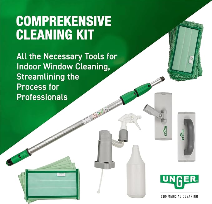 Unger Commercial SpeedClean Window Cleaning Kit, 11-Piece Set, 8-Inch Pad Holder with Microfiber Pads, 6-Foot Reach