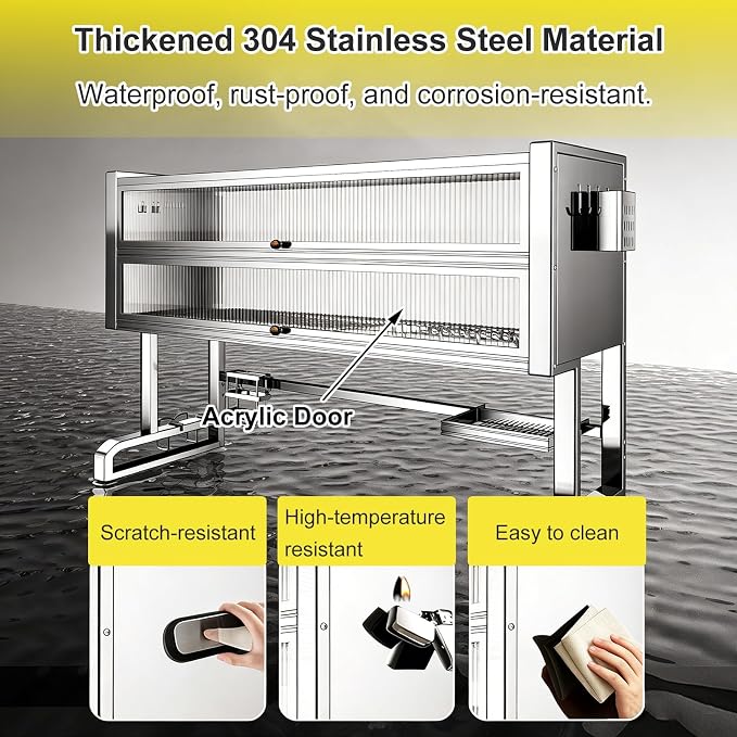 2 Layer Over The Sink Dish Rack with Cabinet Doors, 304 Stainless Steel Dish Drying Rack Over The Sink, Dustproof and Rustproof, Can Store Bowls, Plates, and Knives(67cm/26in)
