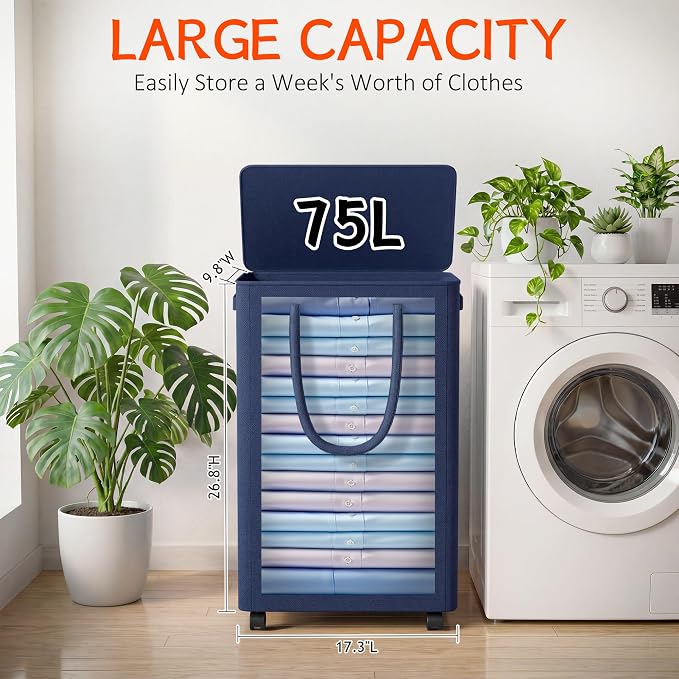 Slim Laundry Hamper with Wheels,20 Gal (75L) Rolling Laundry Basket with lid and wheels Clothes Hamper Foldable Tall Dirty Clothes Basket Sturdy Collapsible Clothes Hamper for Dorm,Laundry Room