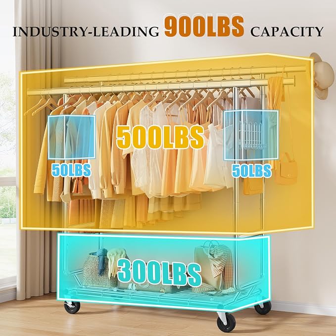 Gewudraw Clothes Rack Heavy Duty Load 900 Lbs With Wheels,Commercial,Chrome | Double Rod Rolling Clothing Rack, Adjustable | Portable | Collapsible, Hooks,Shelf,Garment Rack for Wardrobe,Bedroom,Silver
