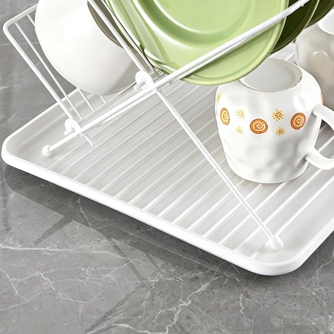 White Foldable 2-Tier Dish Rack - Heavy-Duty Metal Drying Rack with Removable Drip Tray, Collapsible Kitchen Sink Organizer for Plates, Bowls, Cups & Utensils