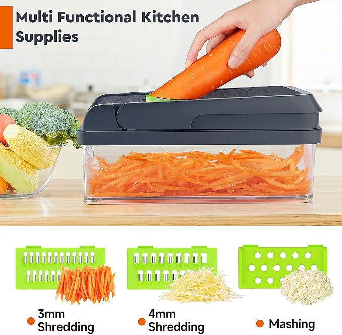 MealHelper 15-in-1 Vegetable Chopper, 10 Blade Veggie Chopper, Practical Food Chopper with Container, Cheese Grater, Home Essentials & Kitchen Gadgets(Green)