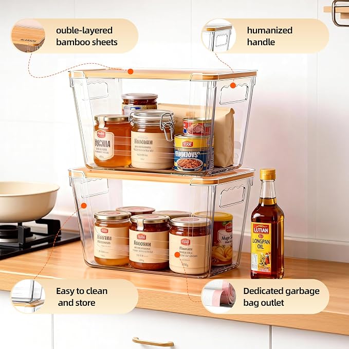 4 Pack Pantry Storage Containers for Onions, Potatoes and Trash Bags | Clear Design for Easy Access, Premium Bamboo Lid, Multi-Functional & Stackable Storage