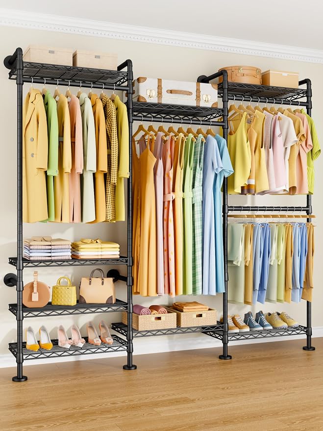 ULIFHOME M6 Clothes Rack for Wall Mounted, Heavy Duty Closet Wardrobe System with 8 Shelves and 4 Hanger Rods, 68.5" W x 11.8" D x 86.6" H Clothing Storage Organizer for Holding 1064lbs, Black