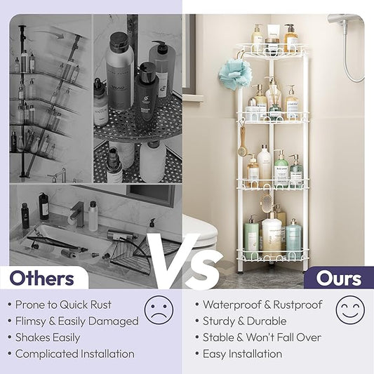 SWTYMIKI Standing Shower Caddy Corner - 4‑Tier Stainless Steel Shower Organizer Shelf with 16 Hooks and Adhesive Pads, Rustproof Corner Shelves Stand Rack for Bathroom Shower Room, white