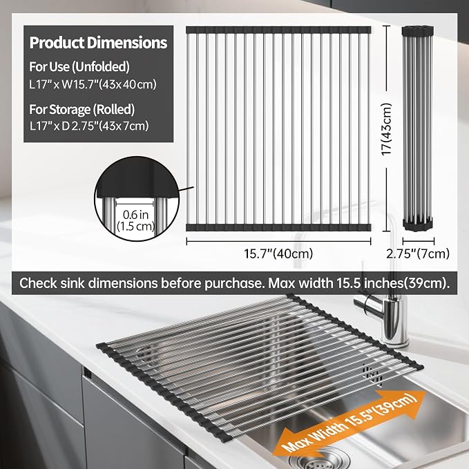 Roll Up Dish Drying Rack, Over The Sink Roll Up Drying Rack for Kitchen,17" L x 15.7" W, Black