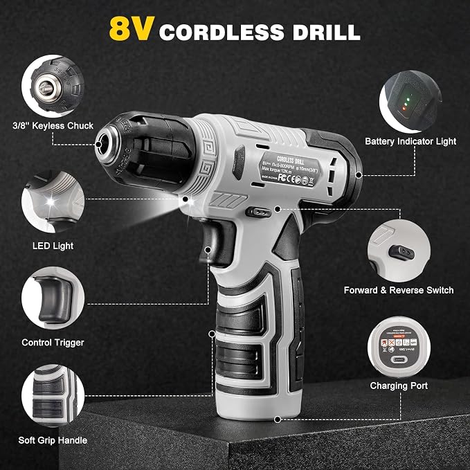 Tool Set, Tool Kit for Home, 8V Cordless Drill Set, 157 PCS Tool Kit with Drill, General Household Hand Tool Box with Storage Case, Power Drill Kit for Women and Men, Home Maintenance and Repairs