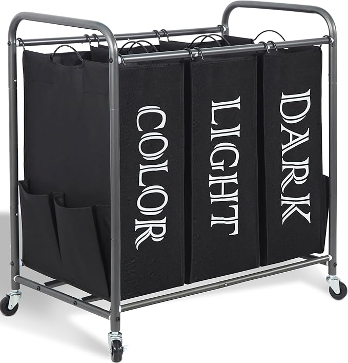 STORAGE MANIAC 3 Section Laundry Sorter, 35.6 Gal (135 L) Laundry Hamper Cart with Heavy Duty Rolling Lockable Wheels and Removable Bags, Clothes Organizer Basket Separator Hamper, Label Black