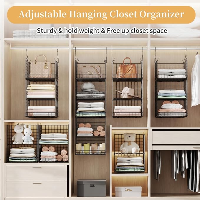 Yuyetuyo 5 Tier Closet Hanging Organizer and Storage Separable Hanging Closet Shelves with 4 Hooks 2 Adjustable Dividers, Wire Storage Basket Bins for Clothing Sweaters Socks Dolls Handbags, Foldable