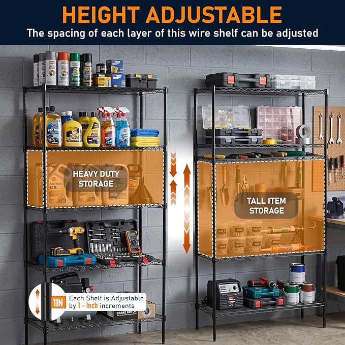 FDW 14" D×36" W×72" H Wire Shelving Unit Commercial Metal Shelf with 5 Tier Adjustable Layer Rack Strong Steel for Restaurant Garage Pantry Kitchen Garage，Black