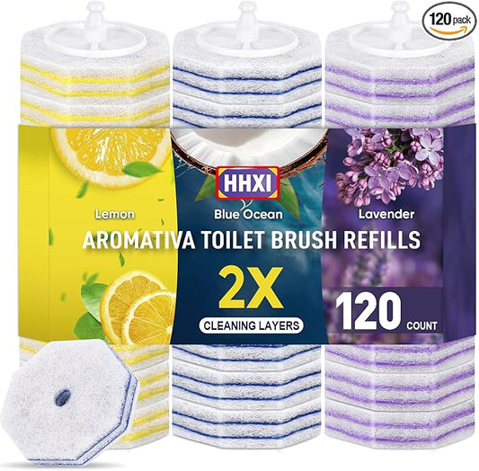120Ct Aromative Toilet Brush Refills, Toilet Bowl Cleaner Refills, Double-Layer Cleaning Pads Added, Disposable Refill Heads for Toilet Bowl Cleaner Wands，Bulk （Patented）