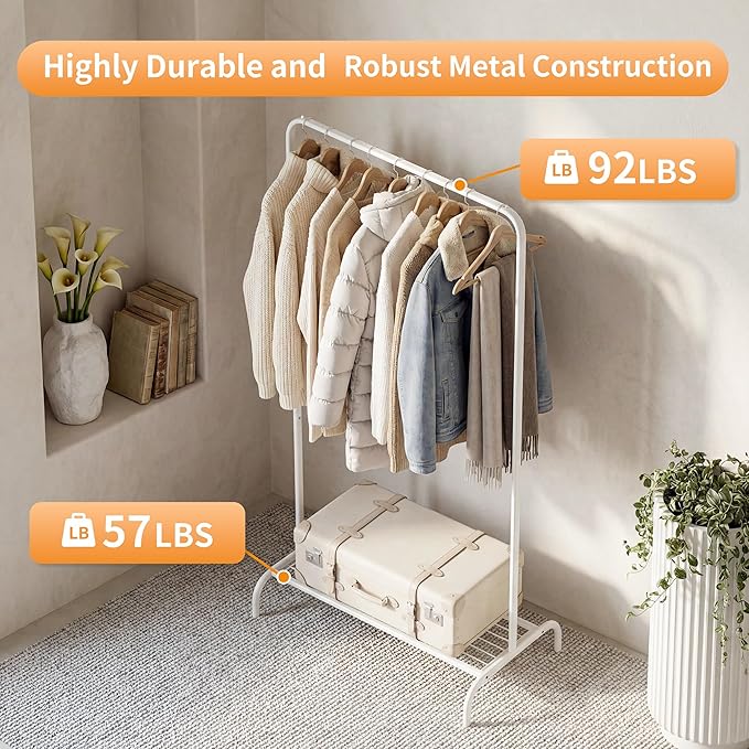 Small White Clothing Rack, Freestanding Metal Garment Rack with Bottom Shelf, Stable Clothes Rack for Small Spaces, Bedroom, Dorm, Apartment, 92LBS Capacity