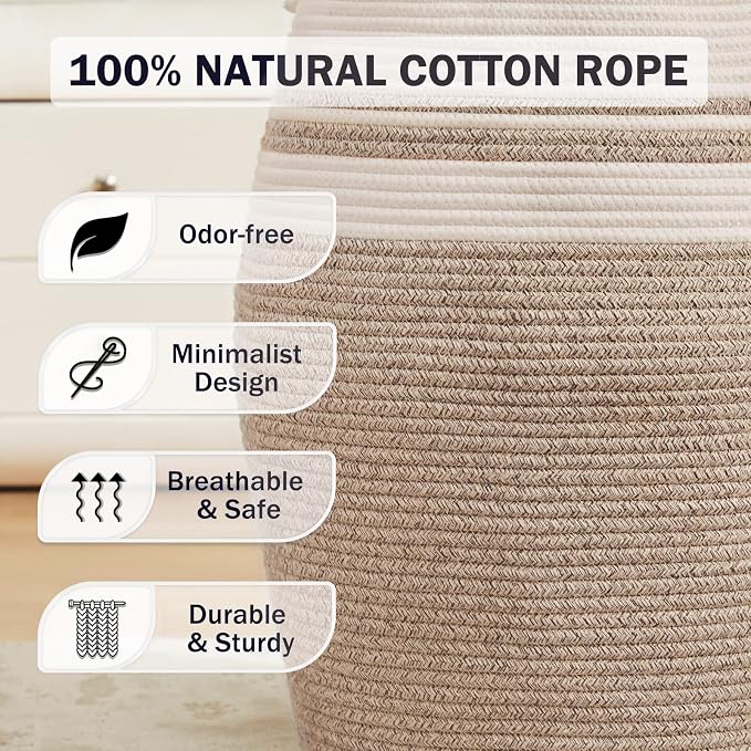 Extra Large Laundry Hamper Basket 105L Woven Blanket Basket, Brown & White | Tall Clothes Hamper, Rope Wicker Laundry Basket, Storage Basket for Toys, Dirty Cothes in Bedroom, Living Room Organizer