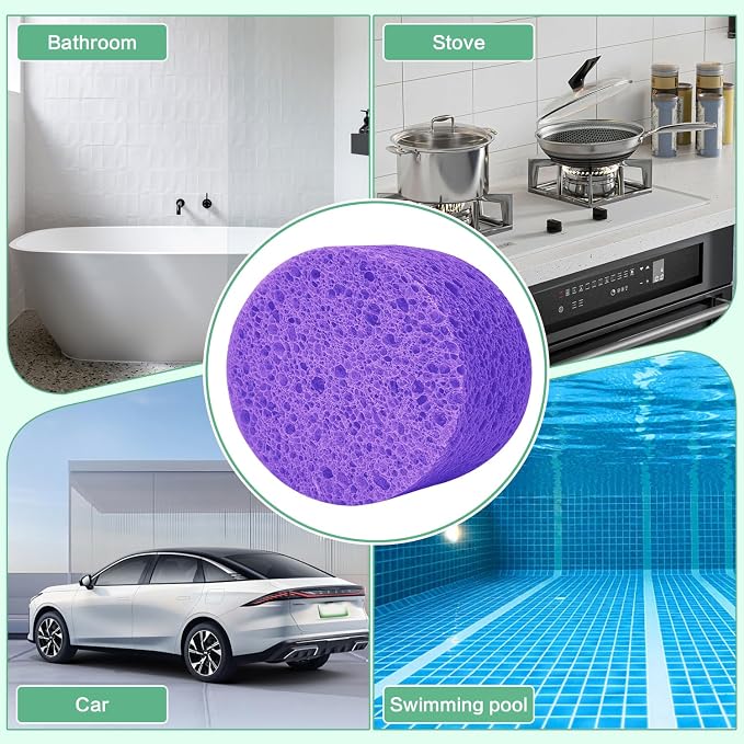 3-Pack Large Sponge, Kitchen Sponges, Handy Sponges, Cellulose Sponges, Dish Washing Sponge, Natural Sponge, Car Washing Sponge, Eco Friendly Sponge (Round, 4" X 4" X 2"), Purple