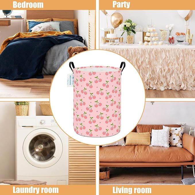 Round Laundry Basket Collapsible Storage Hamper Organizer Pink Cherry | Waterproof Canvas Foldable Baskets with sturdy Handles Multi-scene Organizer for Home Play Bedroom Gift Bin