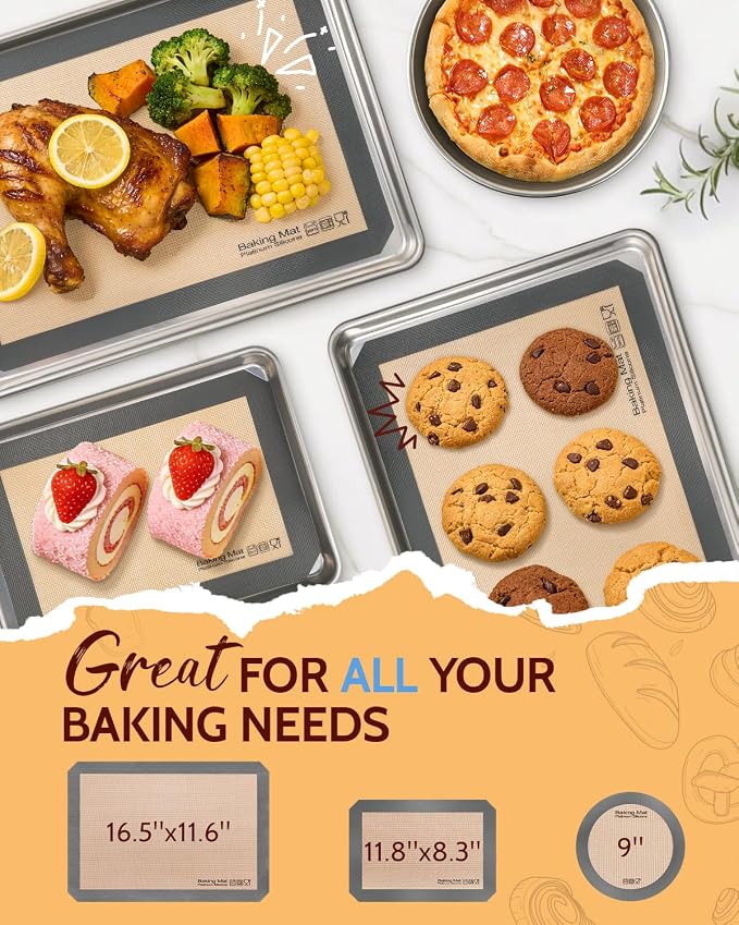 Sopito Platinum Silicone Baking Mat, Non-Stick, Food-Grade, Total 5 Pcs | Reusable 3-year, Heat Resistant to 480℃, Dishwasher Safe, Half-sheets, quarter-sheets, and round mat Set, Versatility