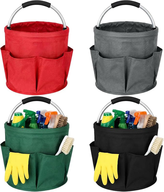LemonRoad 4 Pack Cleaning Caddy with Handle 17L Foldable Cleaning Supplies Organizer Oxford Cloth Storage Basket with 6 Pockets Portable Multi Bucket Bag for Home Garden(Black,Dark Gray,Red,Green)
