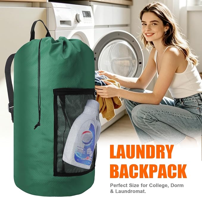 Laundry Bag Backpack Durable Laundry Bag with Shoulder Straps and Mesh Pockets Portable Laundry Hamper Dirty Clothes Bag for College, Travel, Laundromat, Apartment (Green)
