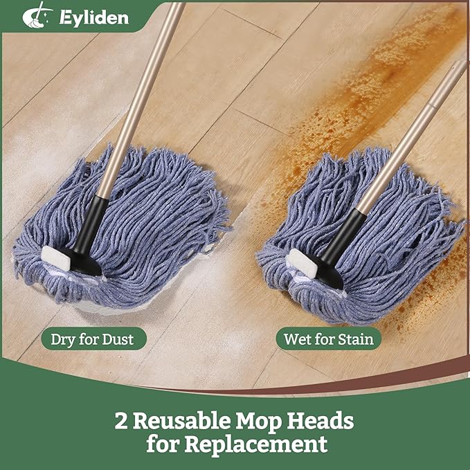 Eyliden Heavy Duty Floor Mop, Non-Touch Replacement, 2 Reusable Cotton Heads, 4 Scouring Pads, Industrial Wet & Dry Mops for Home & Commercial, Kitchen, Garage & Office Floor Cleaning, Blue