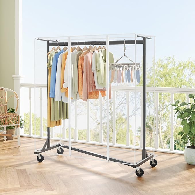 Hoctieon Z Clothes Rack with Cover, Metal Heavy Duty Clothing Rack, Rolling Garment Rack with Wheels, with Dustproof Cover Waterproof Protector, with 2 Durable Zippers, for Hanging Clothes, Black