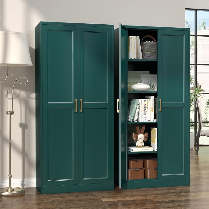SteeLoong Kitchen Pantry Cabinet,71”Green Metal Pantry Storage Cabinets with Doors and 4 Adjustable Shelves,Kitchen Cabinet with 2 Gold Handles,Tall Cabinet for Livingroom, Bathroom