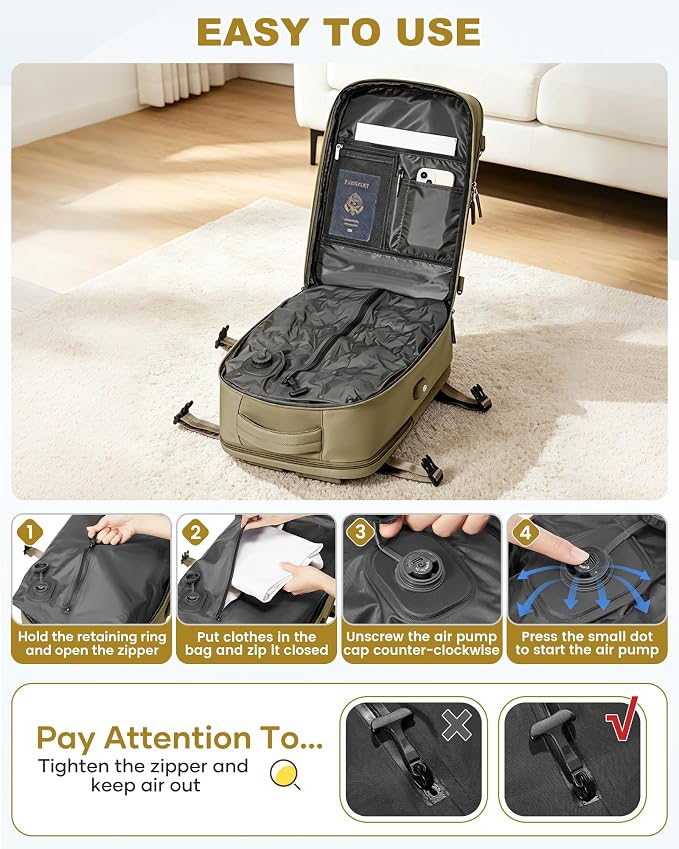 WONHOX Vacuum Seal Backpack for Travel with Air Pump 18x14x8 inches Vacpack Carry on Flight Approved Compression Daypack Laptop Space Saver Bag Storage with Vacuum System Travel Bags Women Khaki