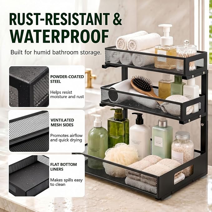 3 Tier Under Sink Organizer,2 Pack Pull Out Cabinet Shelves with Adjustable Height,Heavy Duty Carbon Steel L-Shaped Storage for Kitchen Bathroom Sink,Pantry & Laundry,Black