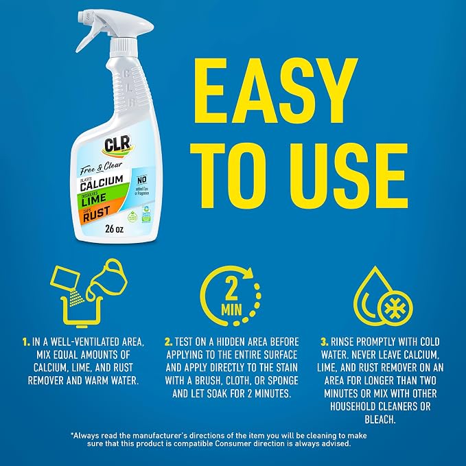 CLR Brands Lime & Rust Remover Free & Clear, 26 oz. Bottle | No Added Dyes or Fragrances, Gentle Lime and Bathroom Descaler, Removes Hard Water Stains and Rust Deposits