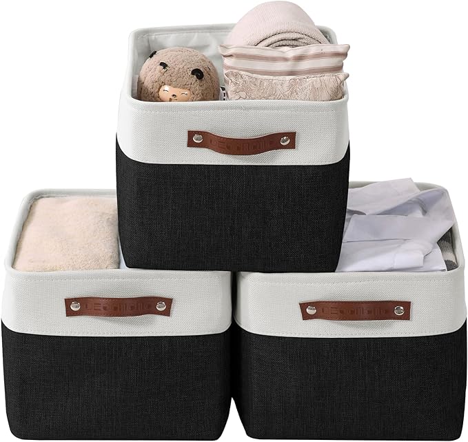 DECOMOMO Storage Baskets for Shelves - Fabric Storage Bins, Linen Closet Organizers and Storage (Black & White, Large - 3 Pack)